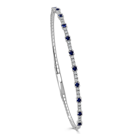 Round Sapphire & Diamond Graduated Flexible Bangle in 14K White Gold