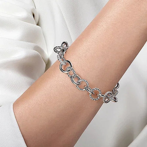 White Sapphire Bujukan Link Chain Tennis Bracelet in Sterling Silver