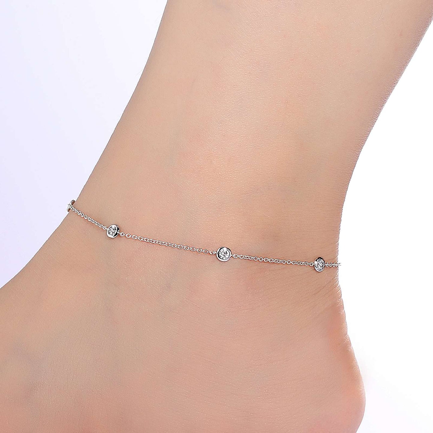 Bezel Set Station Anklet in Sterling Silver