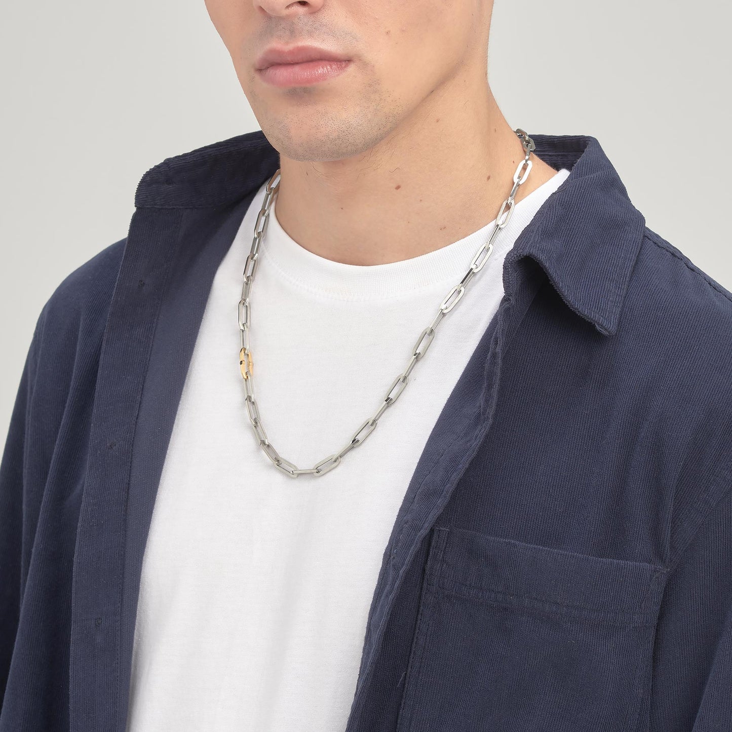 Crystal Accented Chain Link Necklace in Stainless Steel