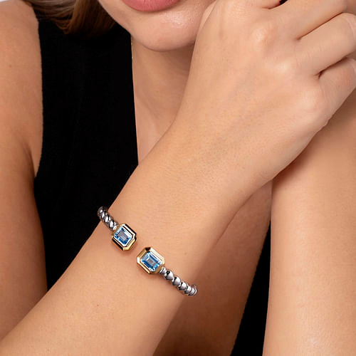 Blue Topaz Bangle Bracelet in Sterling Silver & Yellow Gold