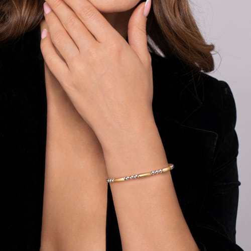 Bar Station Bangle in Sterling Silver & 14K Yellow Gold