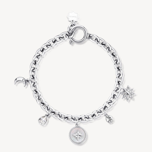 Celestial Crystal and Mother-of-Pearl Charm Bracelet in Stainless Steel
