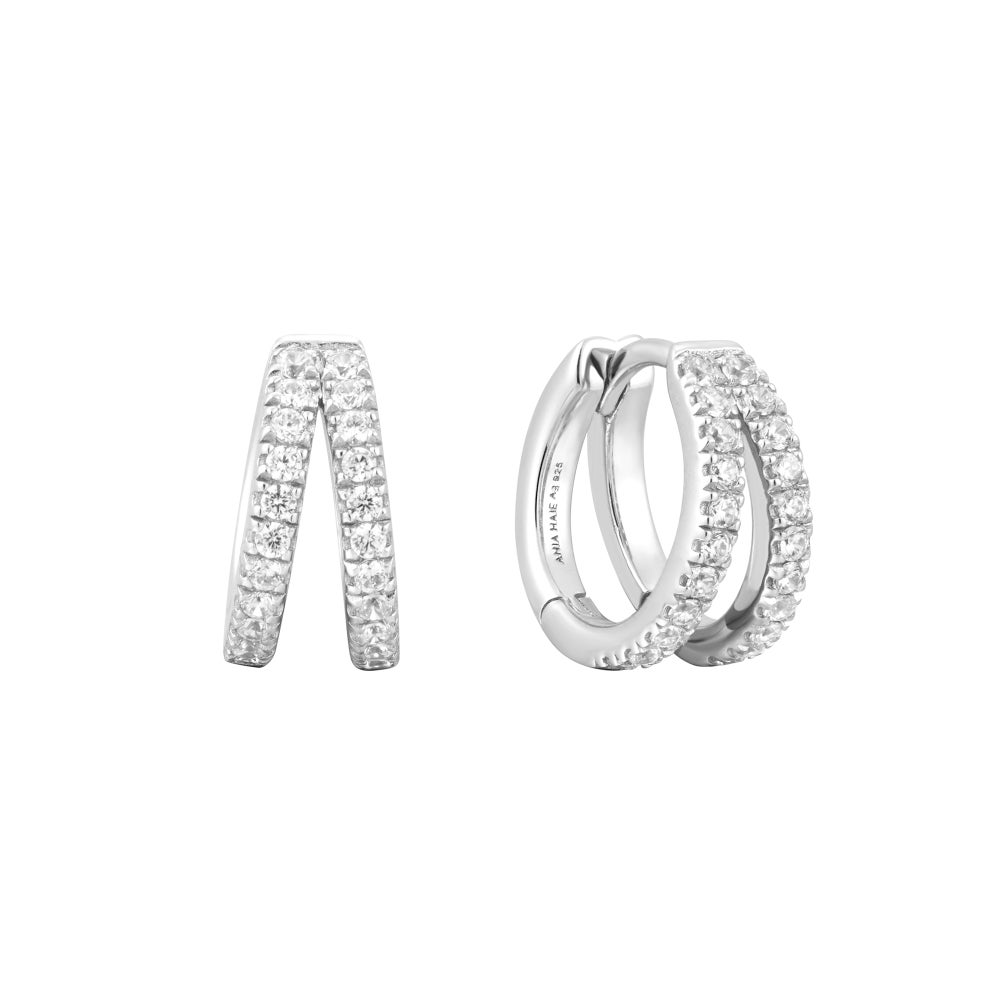 Double Pave Huggie Earrings in Sterling Silver