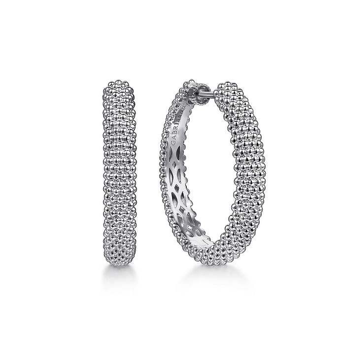Beaded Pave Style Hoop Earrings in Sterling Silver