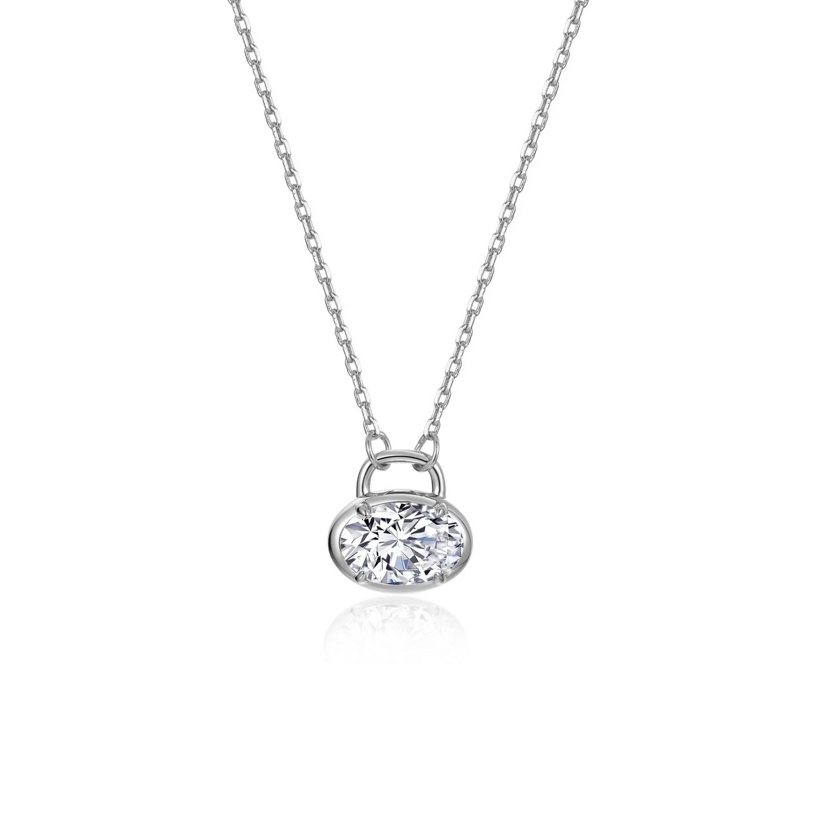 Simulated Diamond Oval Lock Necklace in Sterling Silver