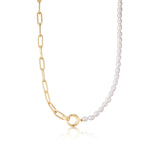 Gold Pearl Chunky Link Chain Necklace in Sterling Silver
