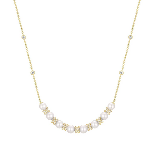 Pearl and X Stone Bib Necklace Gold Plated Sterling Silver