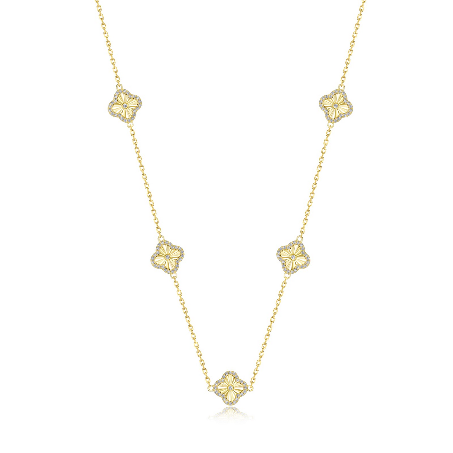 Simulated Diamond Clover Station Necklace in Gold Plated Sterling Silver