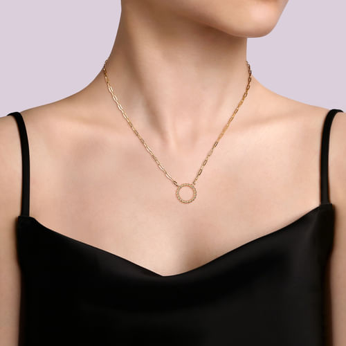 Beaded Circle Paperclip Necklace in 14K Yellow Gold