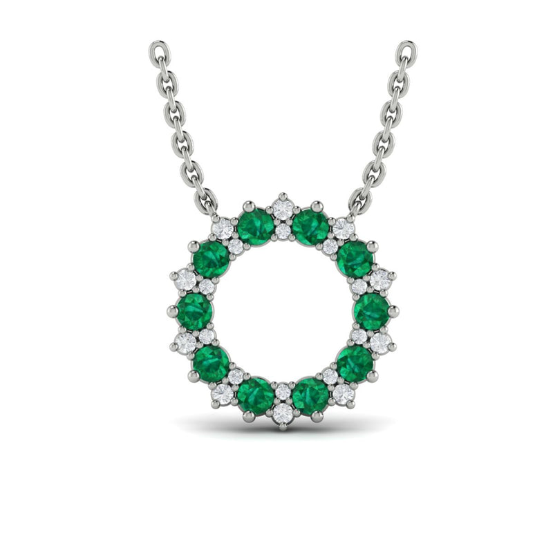 Emerald & Diamond Open Star Halo Necklace in 14K White Gold