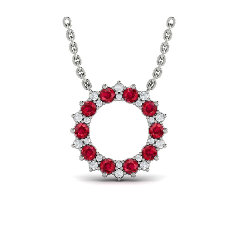 Ruby & Diamond Open Star Halo Necklace in 14K White Gold