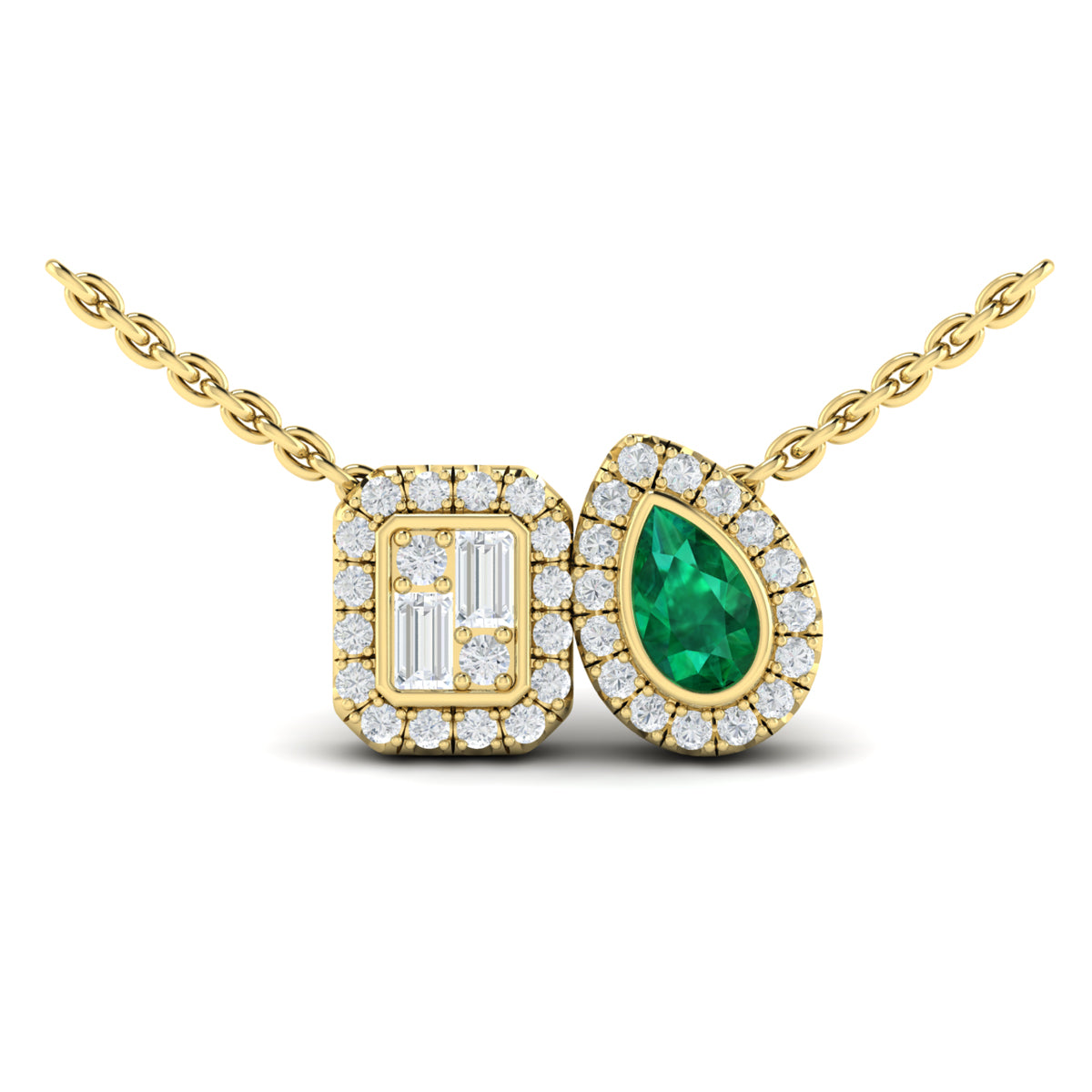 Diamond & Emerald Toi et Moi Necklace in 14K Yellow Gold
