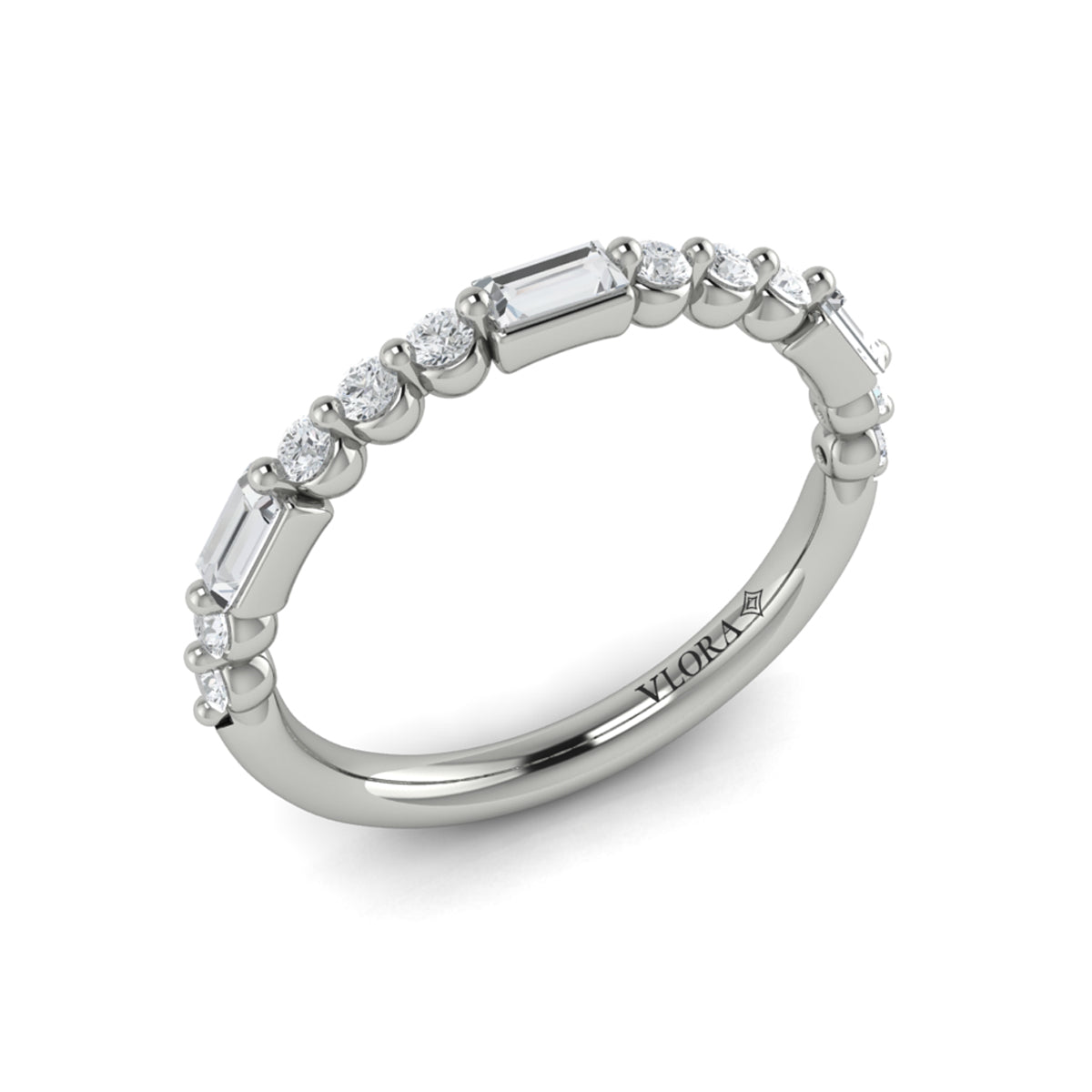 Diamond Round and Baguette Band in 14K White Gold