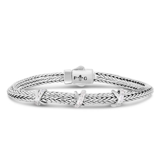 White Sapphire Triad X Woven Bangle in Sterling Silver