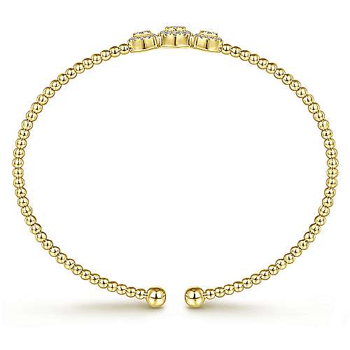Bead Cuff Bracelet with Three Pavé Diamond Stations in 14K Yellow Gold