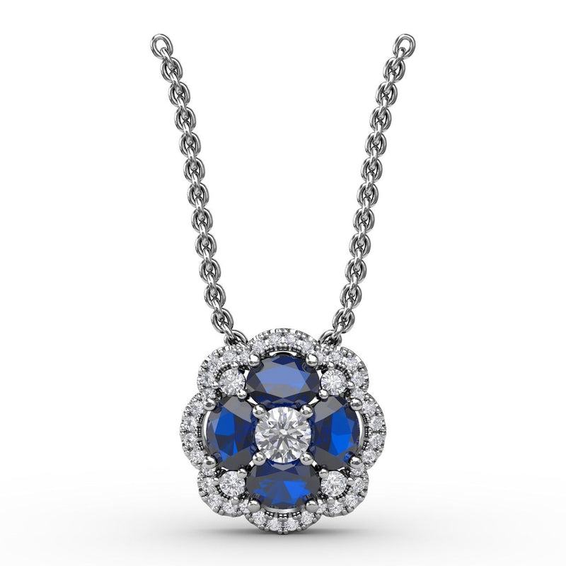 Sapphire & Diamond Cluster Necklace in 14K White Gold