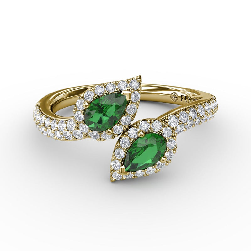Diamond & Emerald Bypass Ring in 14K Yellow Gold