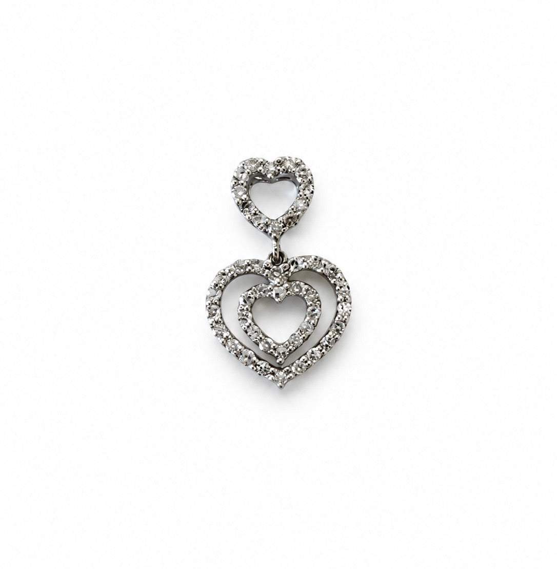 Estate Diamond Triple Heart Pendant in 14K White Gold
