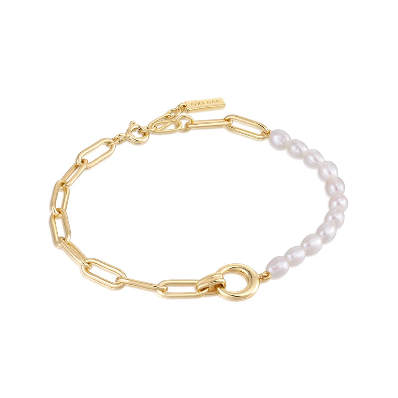 Gold Pearl Chunky Link Chain Bracelet in Sterling Silver