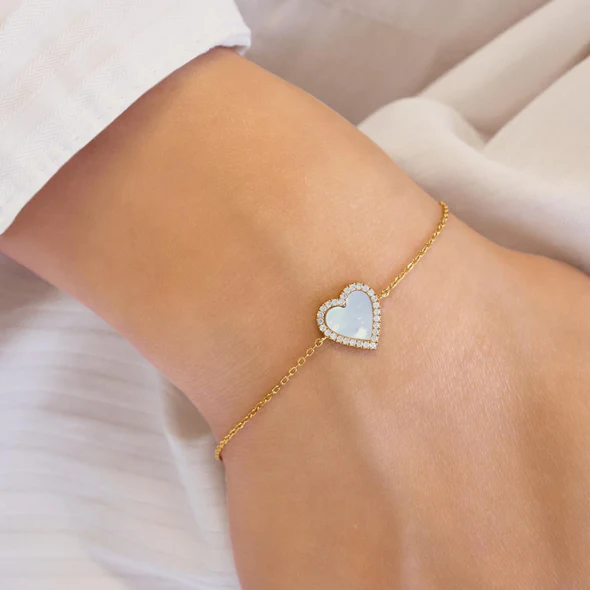 Mother of Pearl Halo Heart Bracelet in Gold Plated Sterling Silver