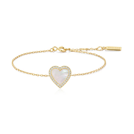 Mother of Pearl Halo Heart Bracelet in Gold Plated Sterling Silver