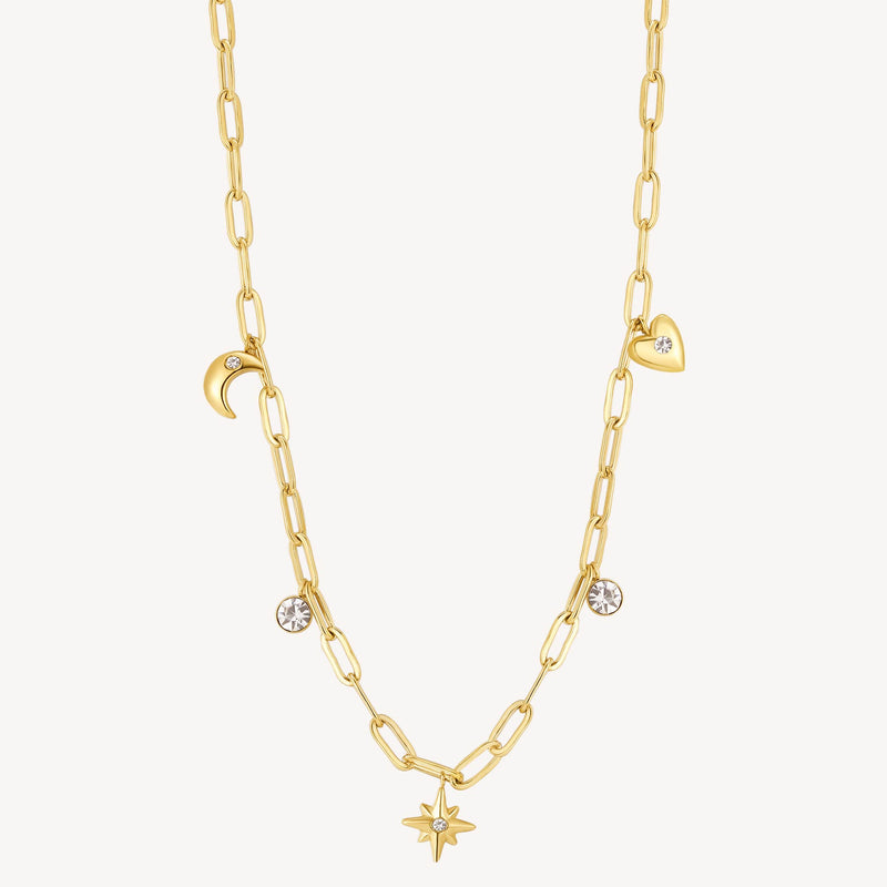 Crystal and Celestial Charm Necklace in Gold Plated Stainless Steel