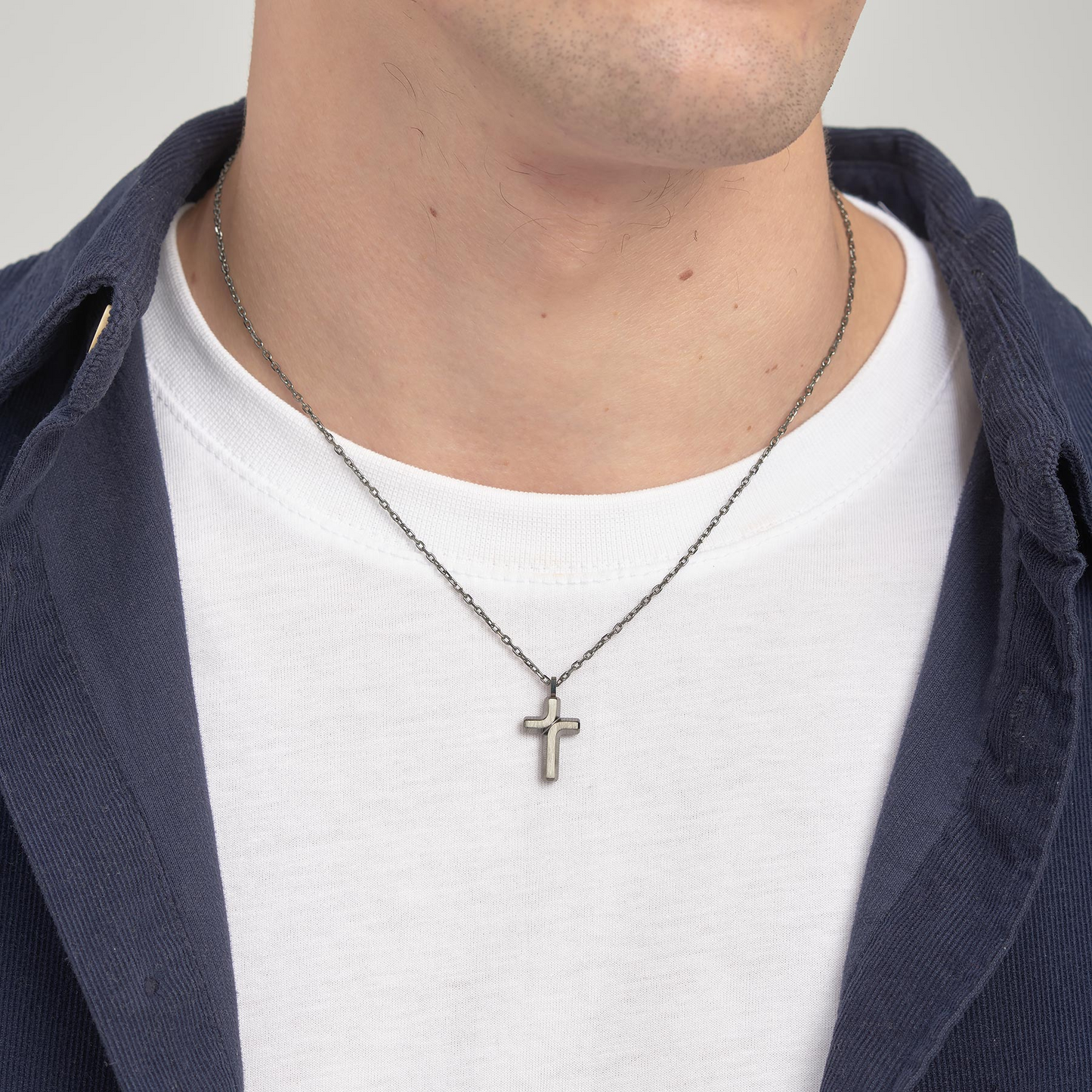 Dual Finish Cross Necklace in Ruthenium Stainless Steel