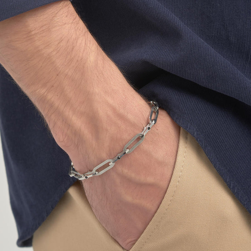Crystal Accented Chain Link Satin Bracelet in Stainless Steel