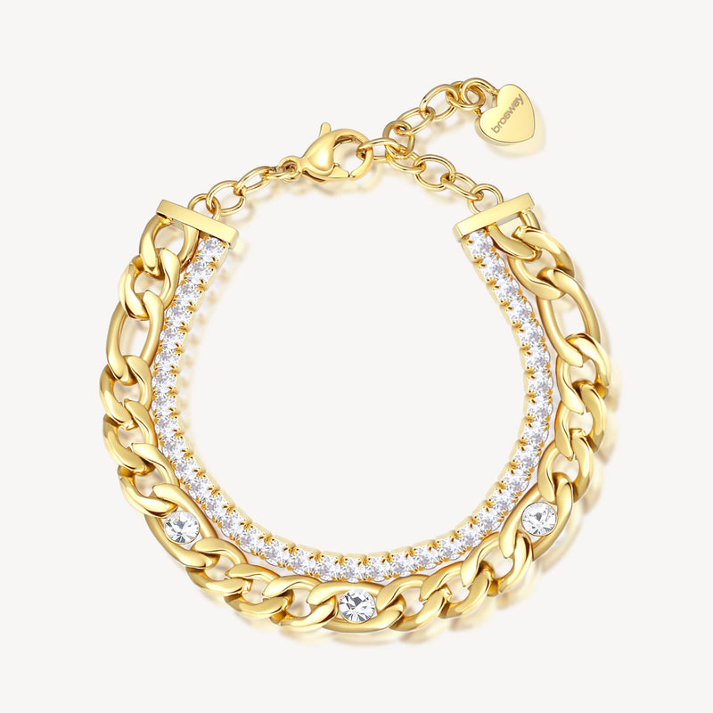 Cubic Zirconia Double Layer Chain Bracelet in Gold Plated Stainless Steel