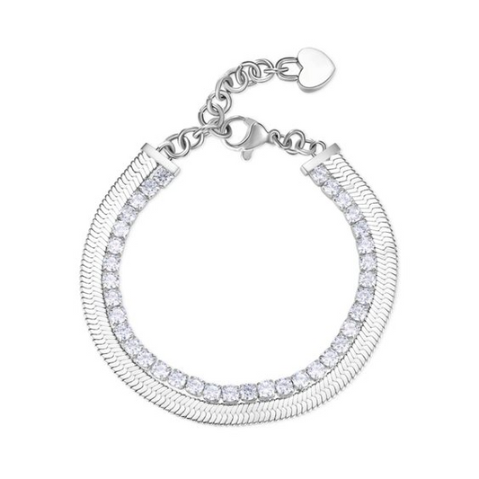 Double Row Herringbone & Cubic Bracelet in Stainless Steel