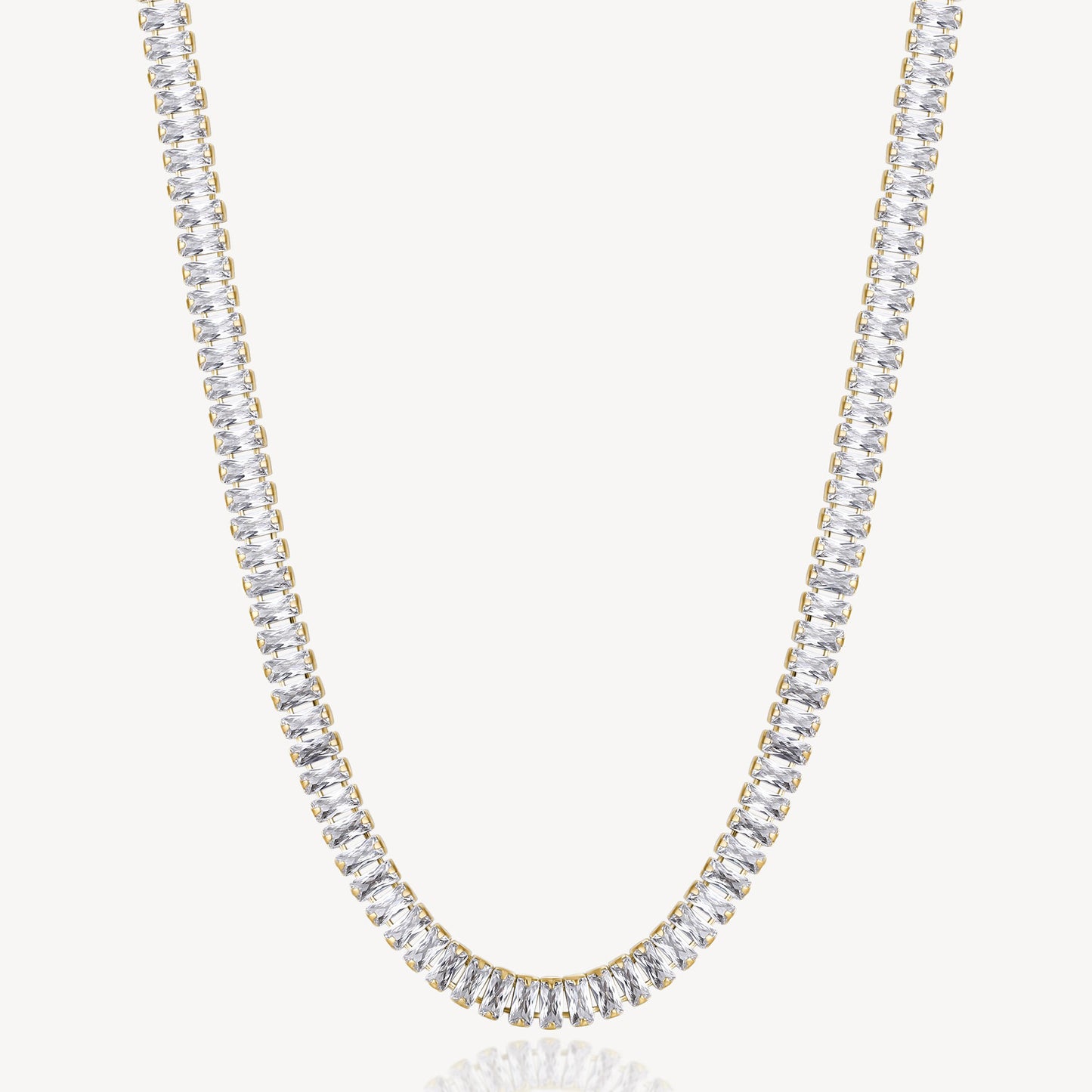 Baguette Cubic Zirconia Tennis Necklace in Gold Plated Stainless Steel