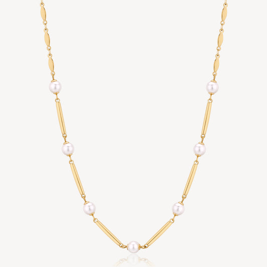 Pearl and Bar Link Necklace in Gold Plated Stainless Steel