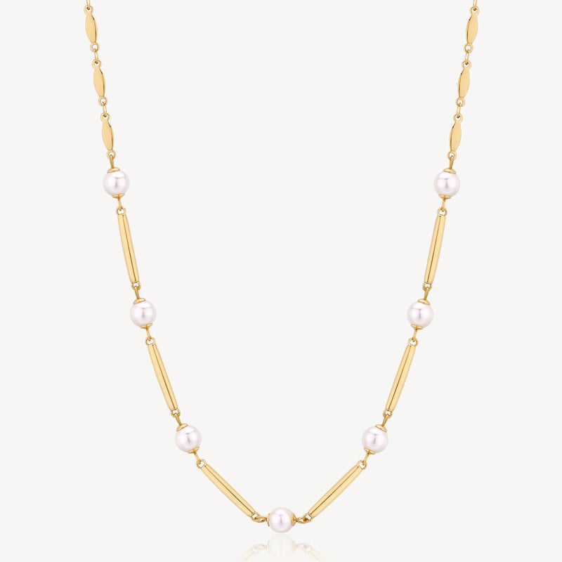 Pearl and Bar Link Necklace in Gold Plated Stainless Steel