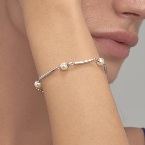 Pearl and Bar Link Bracelet in Stainless Steel