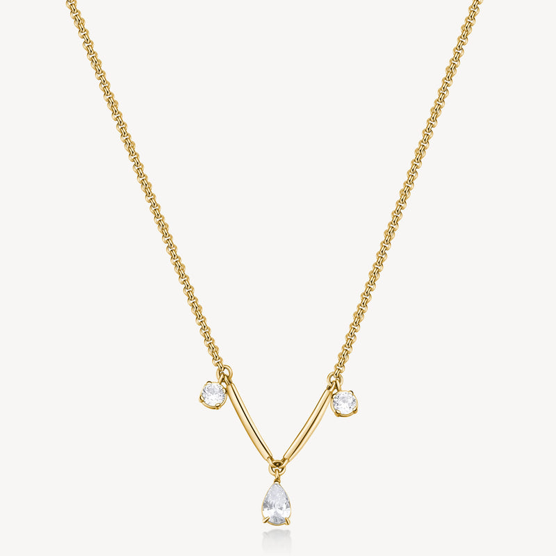 Three-Stone Cubic Zirconia Station Necklace in Gold Plated Stainless Steel