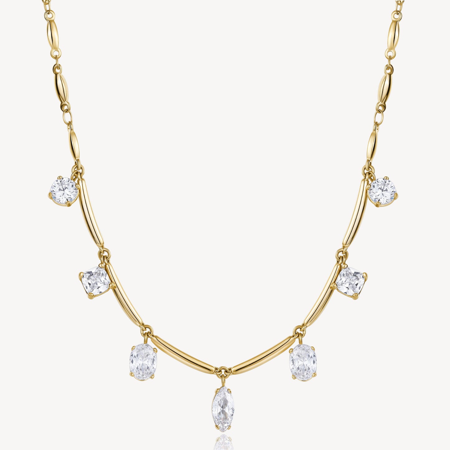Seven-Stone Cubic Zirconia Station Necklace in Gold Plated Stainless Steel