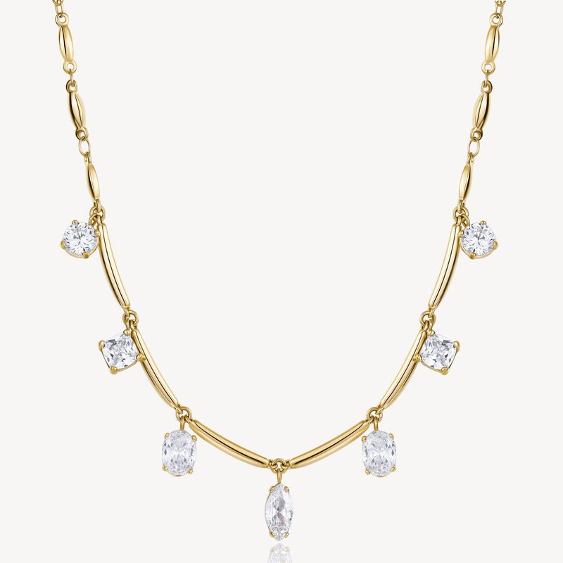 Seven-Stone Cubic Zirconia Station Necklace in Gold Plated Stainless Steel