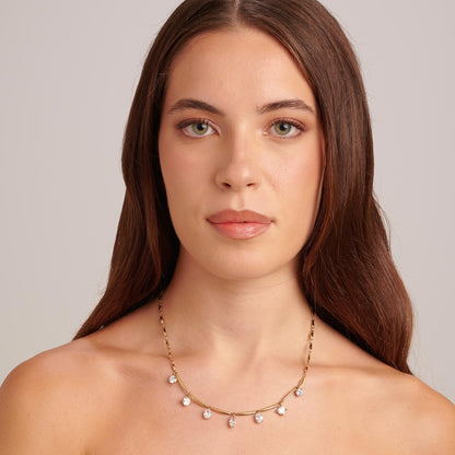 Seven-Stone Cubic Zirconia Station Necklace in Gold Plated Stainless Steel