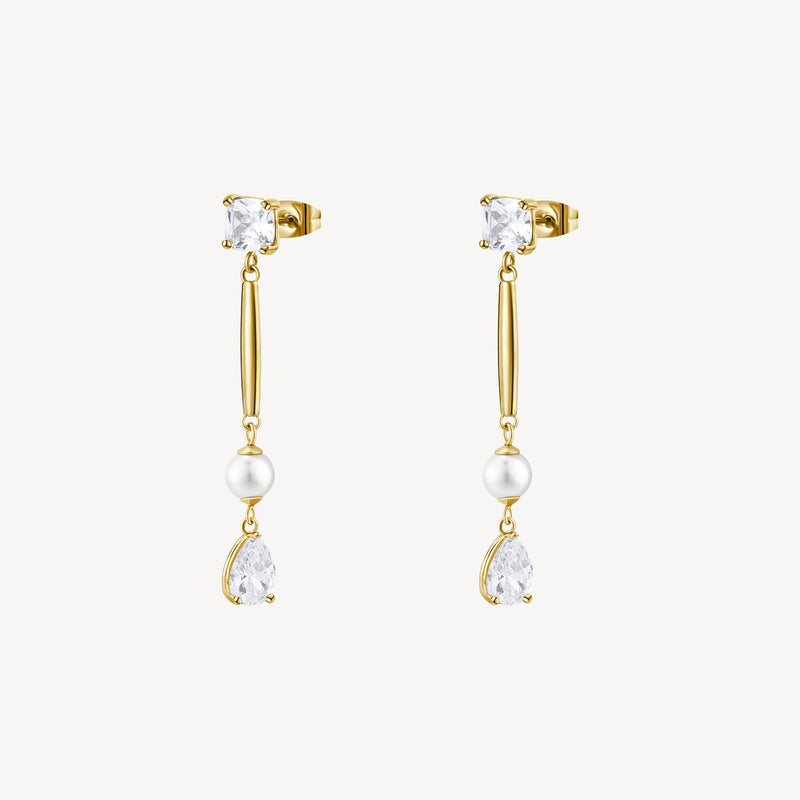 Cubic Zirconia and Shell-Pearl Drop Earrings in Gold Plated Stainless Steel