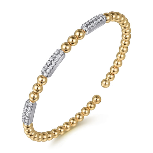 Diamond Pave Three Station Bar Bangle Bracelet in 14K Two Tone Gold