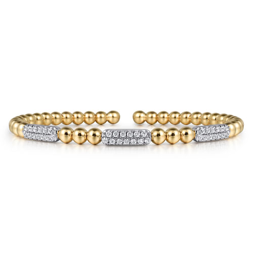 Diamond Pave Three Station Bar Bangle Bracelet in 14K Two Tone Gold