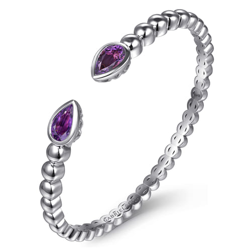 Amethyst Beaded Cuff Bangle in Sterling Silver