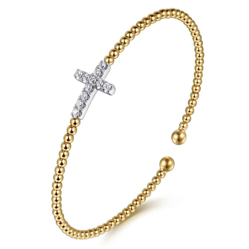 Diamond Cross Cuff Bangle in 14K Two Tone Gold