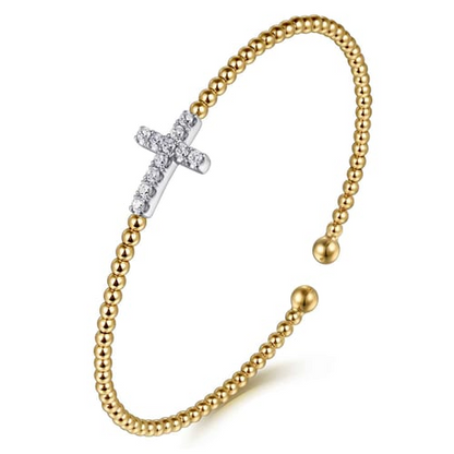 Diamond Cross Cuff Bangle in 14K Two Tone Gold