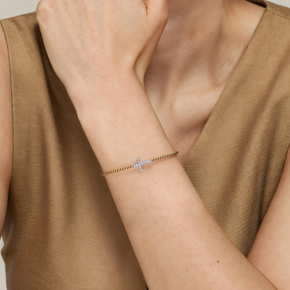Diamond Cross Cuff Bangle in 14K Two Tone Gold