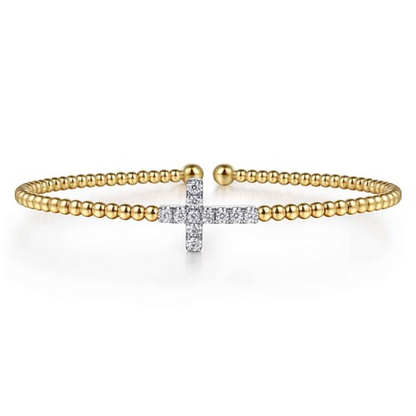 Diamond Cross Cuff Bangle in 14K Two Tone Gold