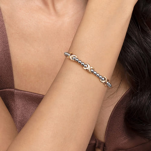 X Station Beaded Bangle in 14K Yellow Gold & Sterling Silver