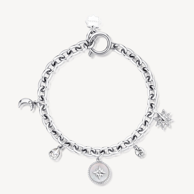 Celestial Crystal and Mother-of-Pearl Charm Bracelet in Stainless Steel