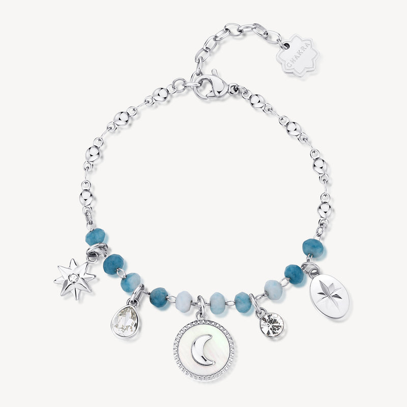 Celestial Crystal, Gemstone and Mother-of-Pearl Charm Bracelet in Stainless Steel